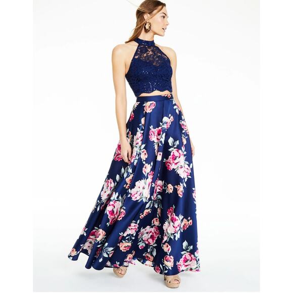 City Studio Maxi Skirt Juniors 1 Blue Floral Formal Evening Party Event Prom - Picture 8 of 12